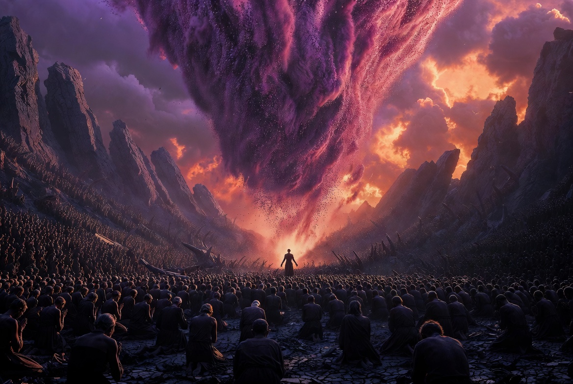 A vast crowd kneels before a single deity in the canyon